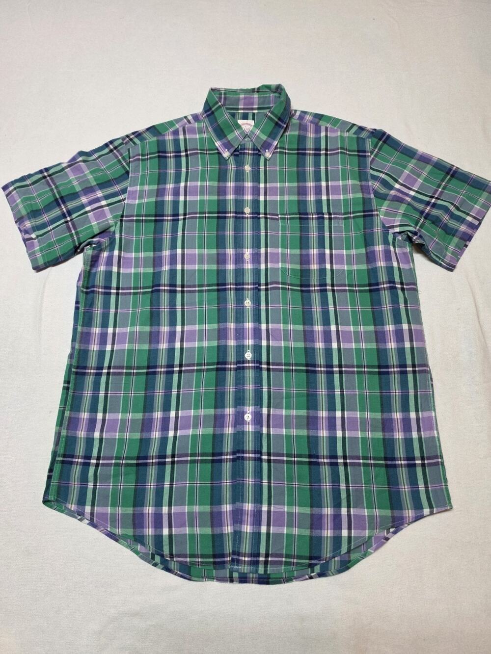 brooks brothers mens button down shirt Size L pastel Plaid Short Sleeve
